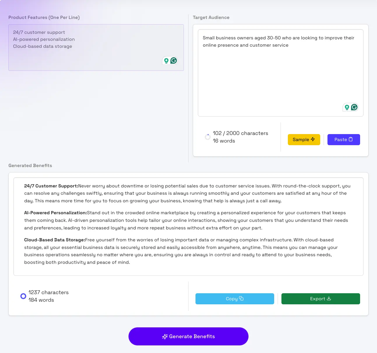 Feature to Benefit Generator AI Tool