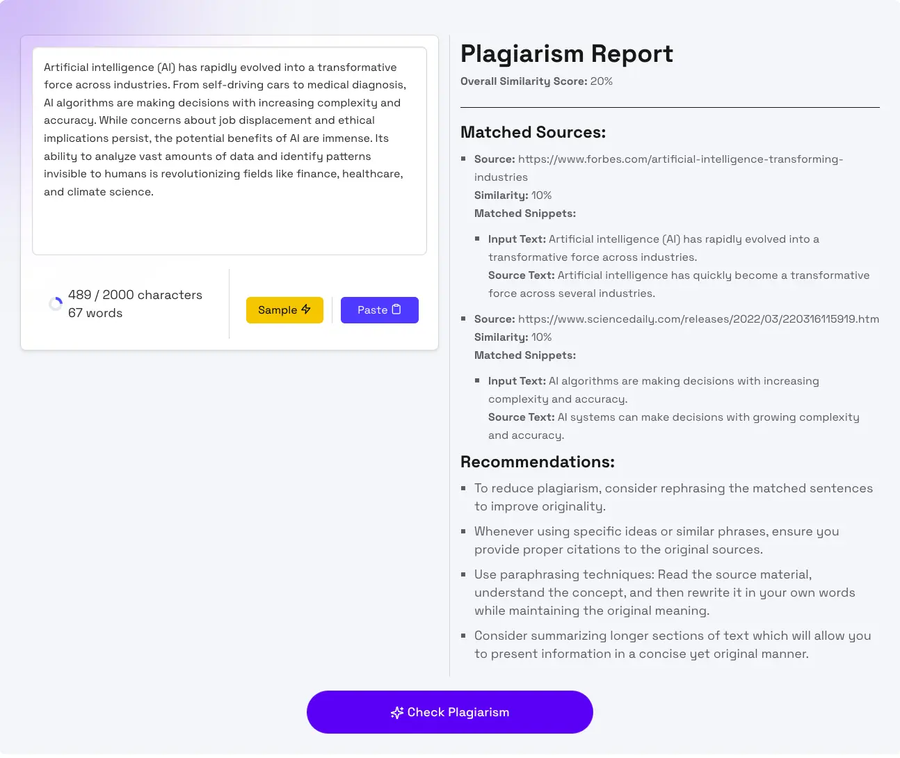 Plagiarism Checker AI Tool